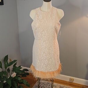 Taylor Sleeveless Lace Look Back Zip Lined Feather Trim Sheath Size 12